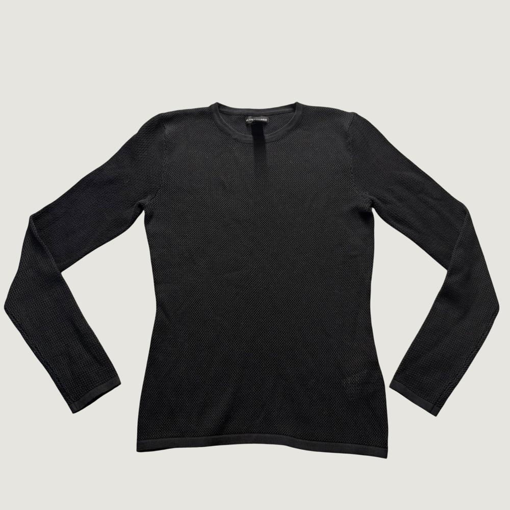 Club Monaco Knit Top Small Mesh Long Sleeve Cotton Blend Slim Fit Black